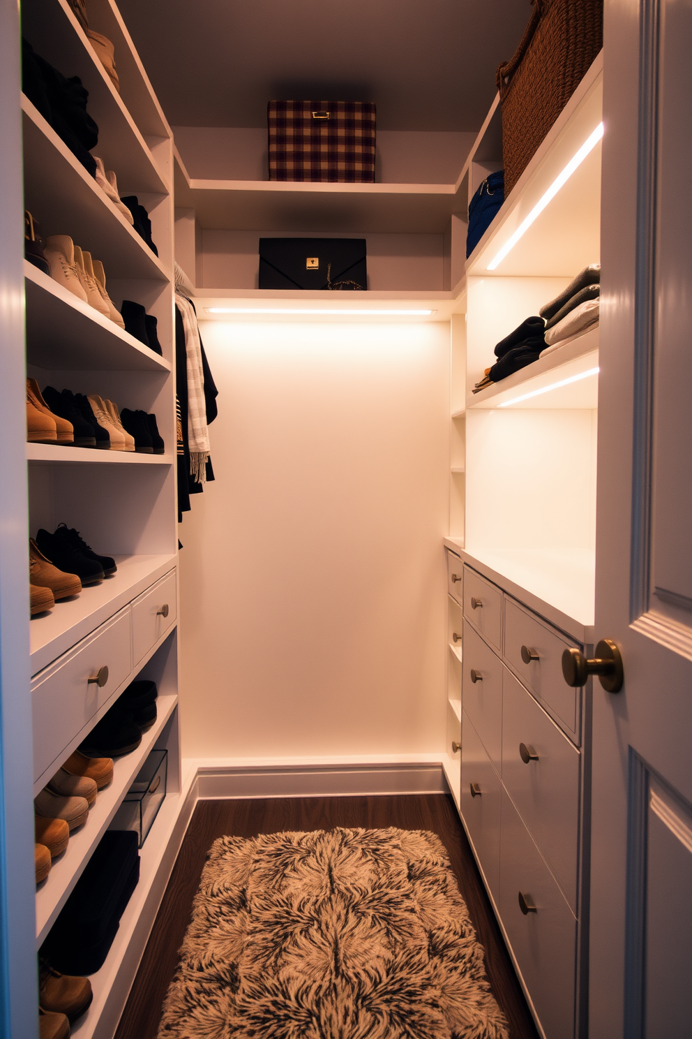 A cozy small walk-in closet features custom shelving that maximizes storage space, with neatly arranged shoes and accessories visible at a glance. Soft LED lighting illuminates the area, creating a warm ambiance, while a plush small rug adds comfort underfoot.