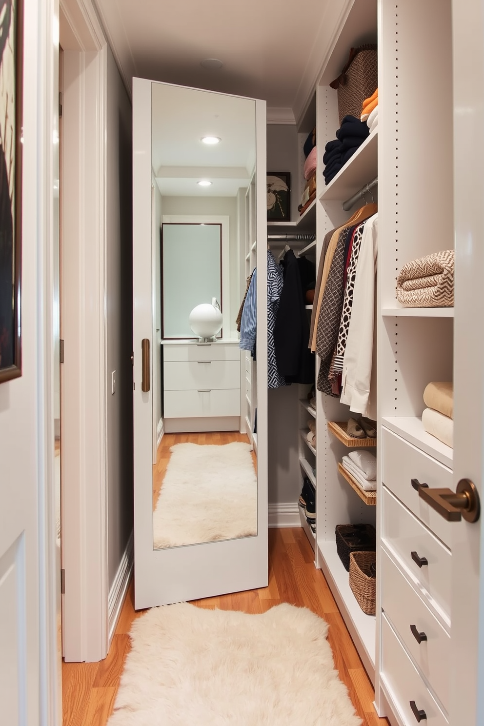 A stylish small walk-in closet features a full-length mirror mounted on the back of the door, enhancing the sense of space and functionality. The closet is organized with custom shelving, hanging rods, and a soft rug underfoot, creating an inviting area for dressing and storage.