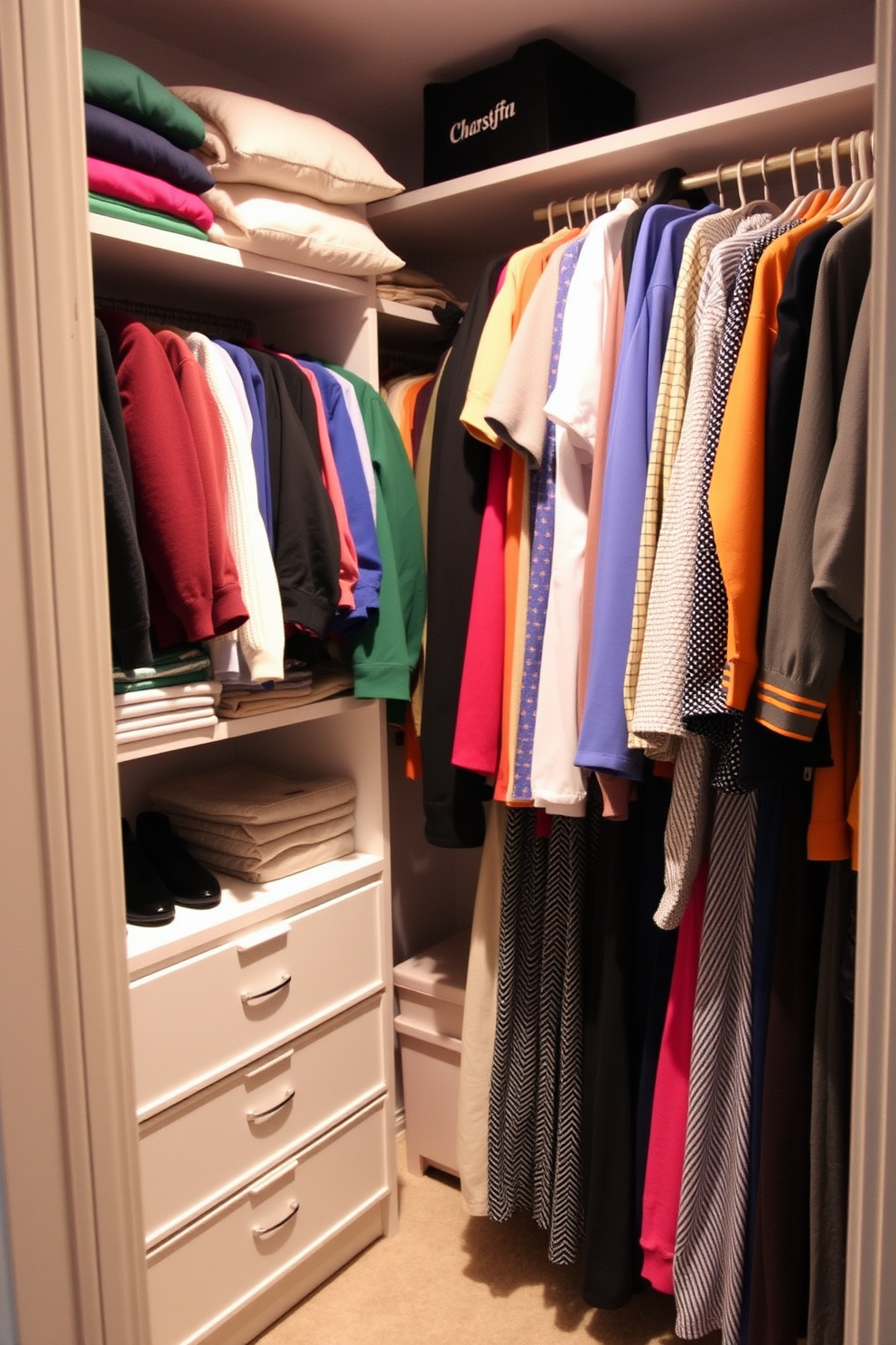 A small walk-in closet featuring color-coded clothing arranged neatly on shelves and hanging rods. Soft lighting highlights the organized aesthetics, creating a visually pleasing and functional space.