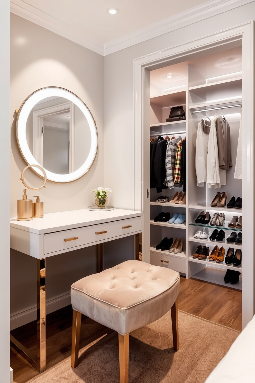 A luxurious small dressing table area featuring a sleek white surface and elegant brass hardware. The table is adorned with a stylish round mirror and a plush velvet stool, creating a chic and functional space. Adjacent to the dressing table, a well-organized small walk-in closet showcases custom shelving and hanging space. Soft LED lighting highlights the neatly arranged shoes and accessories, enhancing the overall sophistication of the design.