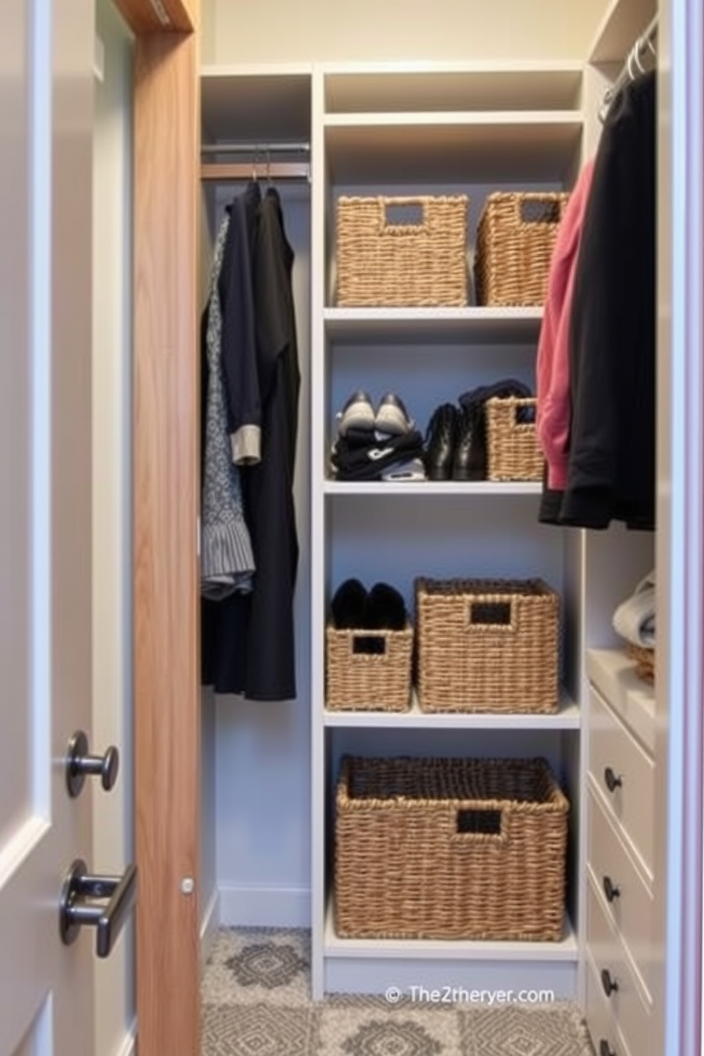 A small walk-in closet features built-in shelving on one side for optimal storage space. Woven baskets are used to neatly organize accessories and shoes, adding texture and warmth to the design.