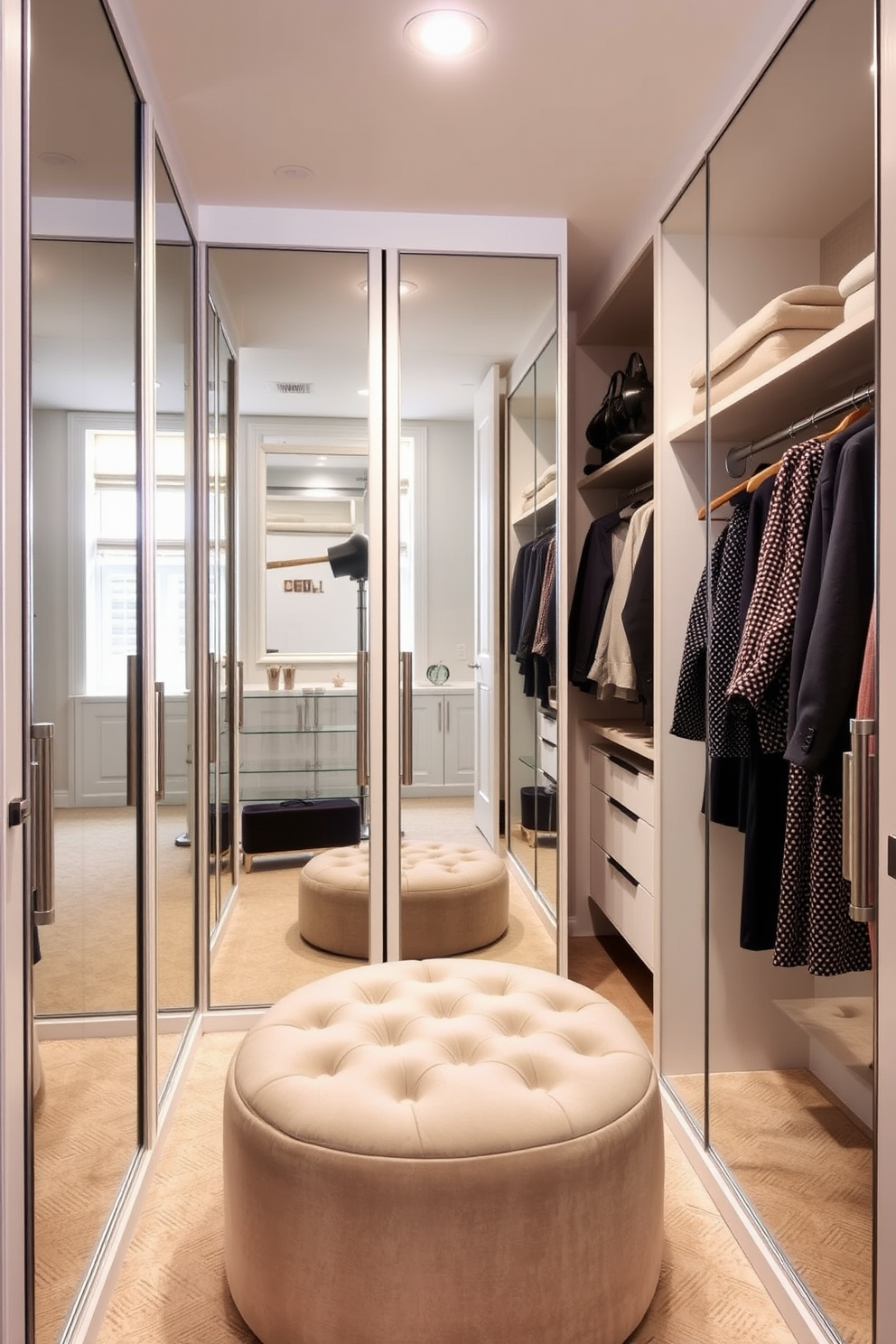 A small walk-in closet featuring mirrored doors that enhance light reflection and create an illusion of space. The interior is organized with stylish shelving, hanging rods, and a plush ottoman for comfort.