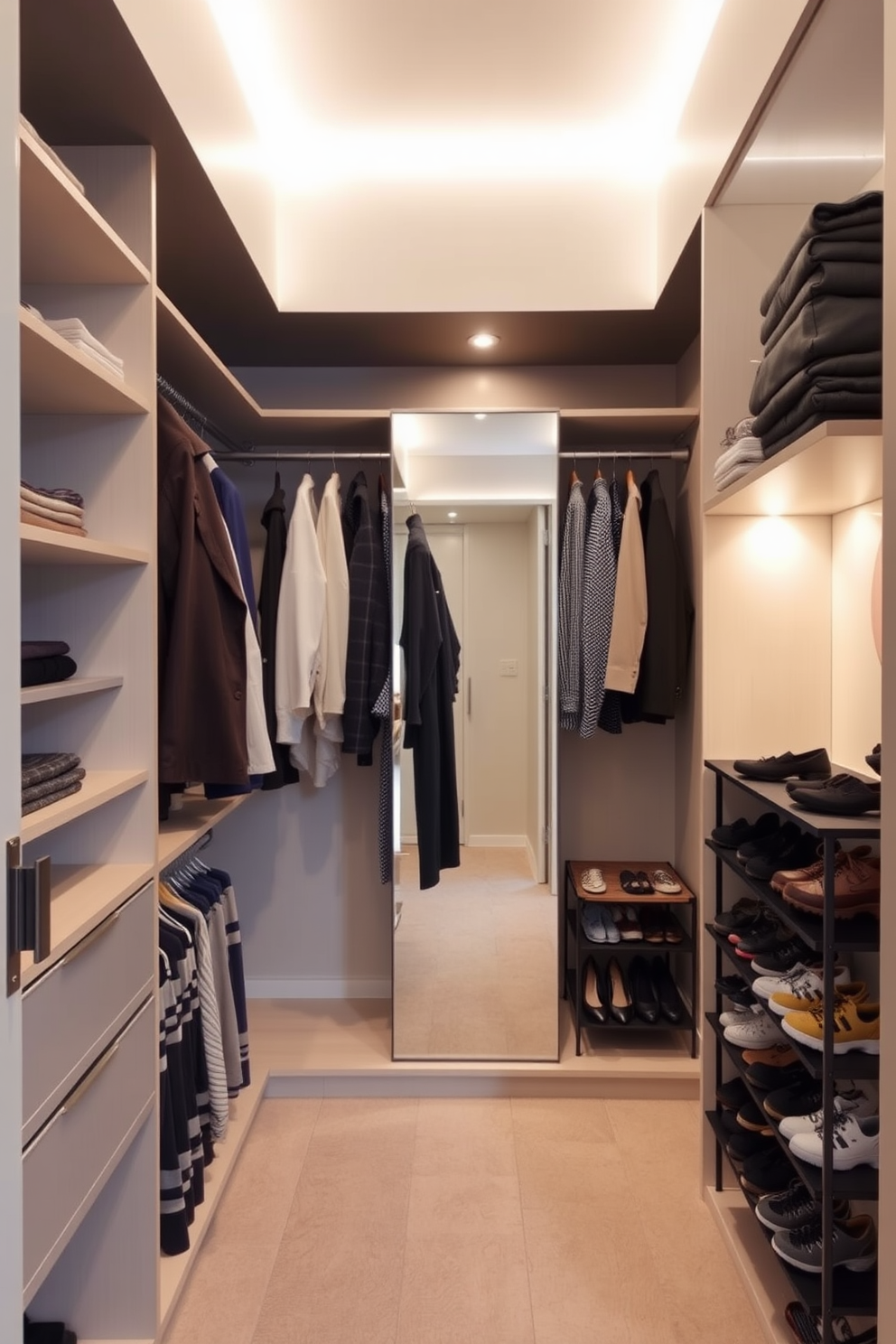 A small walk-in closet featuring vertical storage solutions to maximize space. The design includes floor-to-ceiling shelving on one side and a compact shoe rack on the opposite wall. Soft lighting illuminates the space, highlighting the organized arrangement of clothes and accessories. A full-length mirror is positioned near the entrance, enhancing the sense of openness.