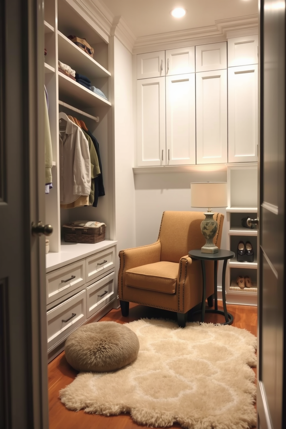 A cozy armchair is nestled in the corner of a small walk-in closet, creating a perfect spot for relaxation and contemplation. The closet features built-in shelving and hanging space, all designed with soft lighting to enhance the inviting atmosphere. The armchair is upholstered in a warm fabric, complemented by a small side table that holds a decorative lamp. A plush area rug anchors the space, adding comfort and style to the overall design.