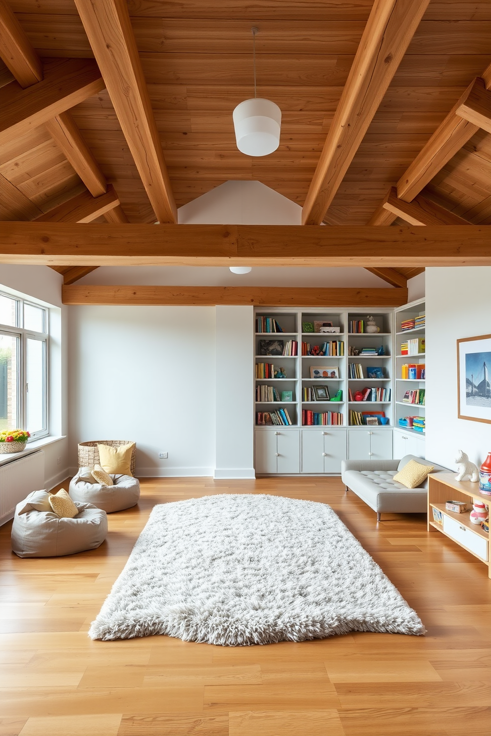 A sophisticated playroom design featuring natural wood flooring and exposed wooden beams on the ceiling. The walls are painted in soft pastel colors, creating a calming environment for children. A large plush area rug sits in the center of the room, surrounded by cozy seating options like bean bags and a low-profile sofa. Shelves filled with books and toys are neatly organized, promoting creativity and play.