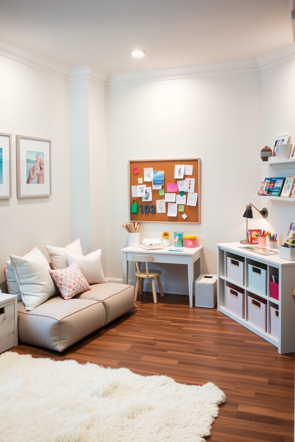 A sophisticated playroom features a cozy reading nook with a plush rug and oversized cushions in soft pastel colors. A small art station is set up against one wall, equipped with a sturdy table, colorful art supplies, and a corkboard for displaying children's artwork. The walls are painted in a light, cheerful hue, adorned with playful, framed prints. Storage solutions include stylish bins and shelves to keep toys organized, while ambient lighting creates a warm and inviting atmosphere.