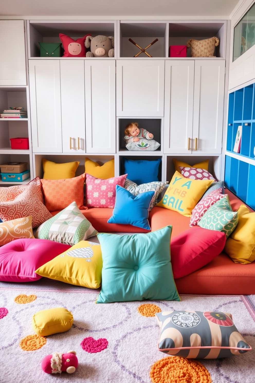 Brightly colored cushions are scattered across a cozy seating area, inviting children to relax and play. The cushions feature various patterns and textures, creating a vibrant and engaging atmosphere. The playroom is designed with a blend of functionality and fun, incorporating stylish storage solutions for toys. Soft, playful rugs cover the floor, providing a comfortable space for activities and games.