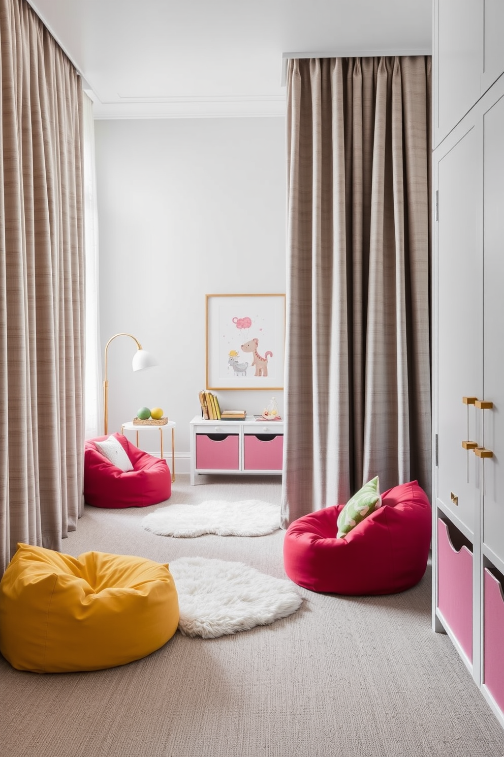 A sophisticated playroom design featuring textured curtains that soften the space. The room is filled with playful yet elegant furniture, including a plush area rug and colorful bean bags for seating. The walls are adorned with whimsical artwork that sparks creativity and imagination. Storage solutions blend seamlessly into the design, keeping toys organized and accessible while maintaining a chic aesthetic.