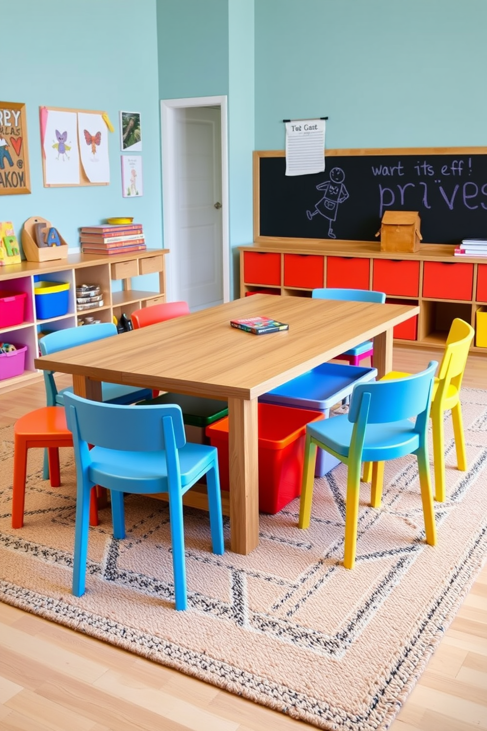 A stylish playroom designed for crafts and games features a large wooden table with colorful storage bins underneath. Surrounding the table are comfortable, cushioned chairs in various bright colors, creating an inviting space for creativity and fun. The walls are adorned with playful art and a chalkboard section for drawing and writing. Soft, textured rugs cover the floor, providing a cozy area for children to sit and play.