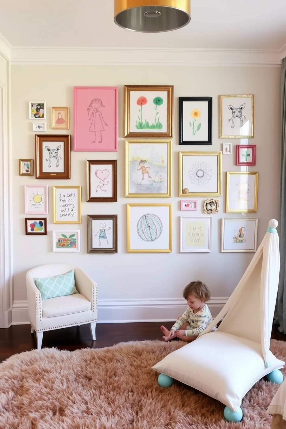 A gallery wall showcasing children's artwork filled with vibrant colors and playful frames. The wall features a mix of drawings, paintings, and crafts, creating an inspiring and joyful atmosphere. Sophisticated playroom design ideas incorporate elegant furniture and playful elements. Soft pastel colors adorn the walls, while a plush rug provides a cozy space for children to play and explore.