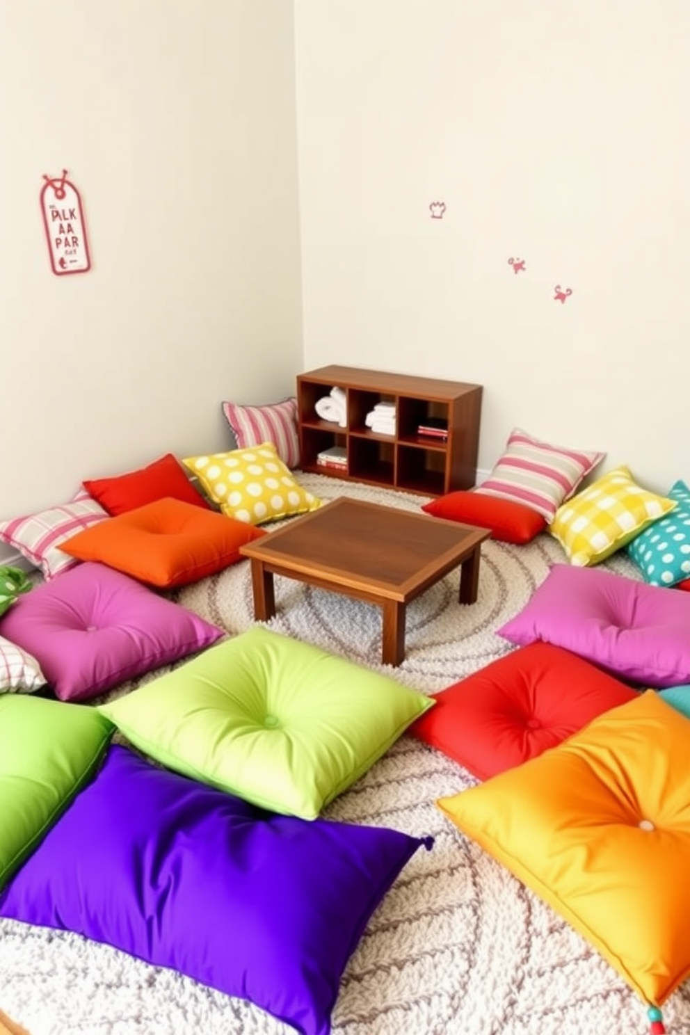 A cozy playroom filled with vibrant floor cushions in various colors and patterns. The cushions are scattered across a soft, textured rug, creating an inviting space for casual lounging and play. The walls are painted in a cheerful pastel hue, complemented by playful wall decals. A low table is positioned at the center, surrounded by the cushions, providing a perfect spot for games and creative activities.