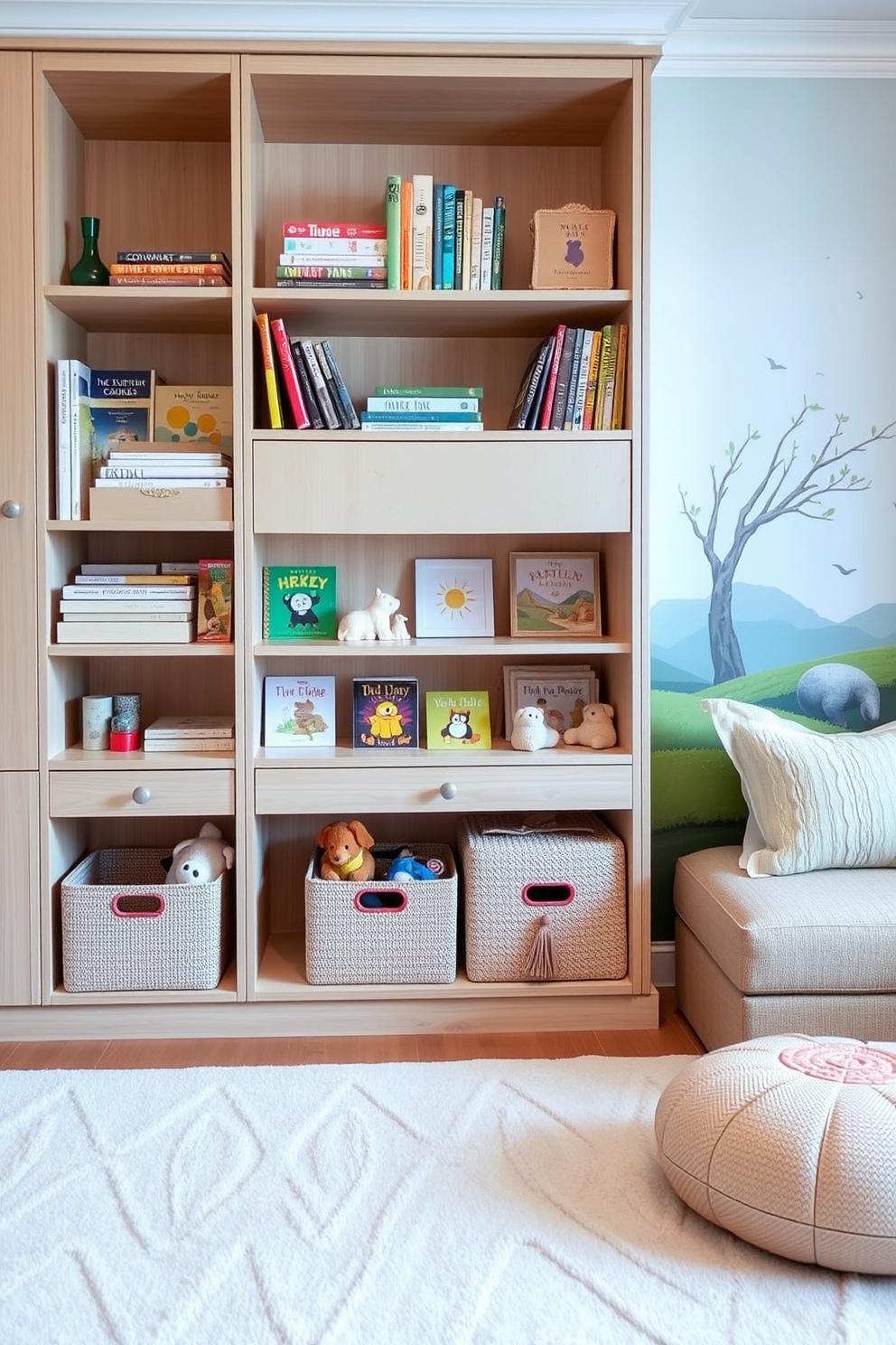 Elegant shelving for books and toys. The shelves are made of light wood with a natural finish, showcasing a mix of colorful children's books and neatly arranged toys in decorative bins. Sophisticated Playroom Design Ideas. The playroom features a soft area rug in pastel hues, with a cozy reading nook adorned with plush cushions and a whimsical wall mural depicting a serene landscape.