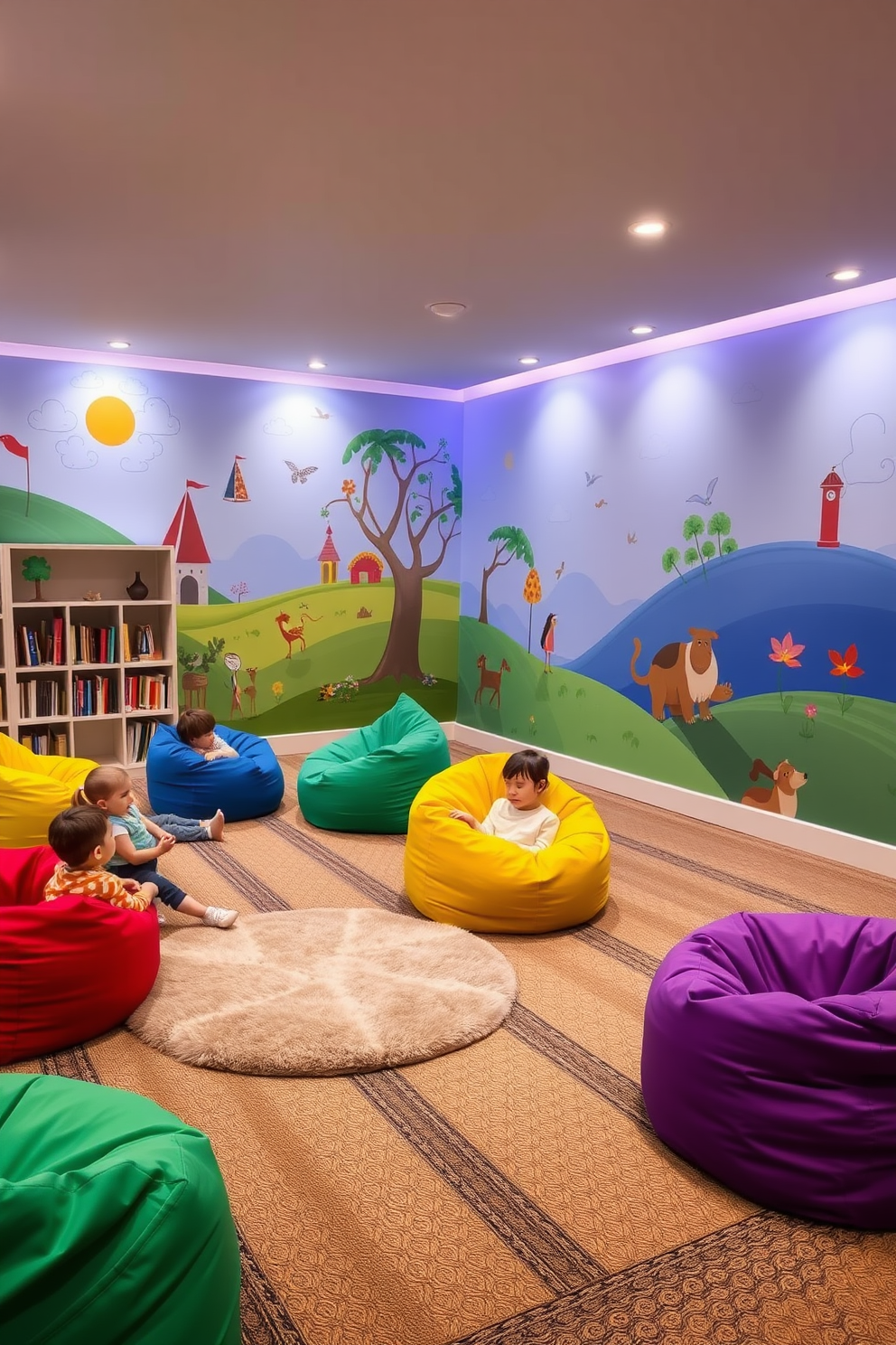 Colorful bean bags are scattered throughout a spacious playroom, inviting children to lounge and enjoy their playtime. The walls are adorned with vibrant murals depicting whimsical scenes, creating an imaginative atmosphere. In one corner, a cozy reading nook features a plush rug and shelves filled with books, encouraging a love for reading. Soft, ambient lighting illuminates the space, enhancing the playful yet sophisticated design.