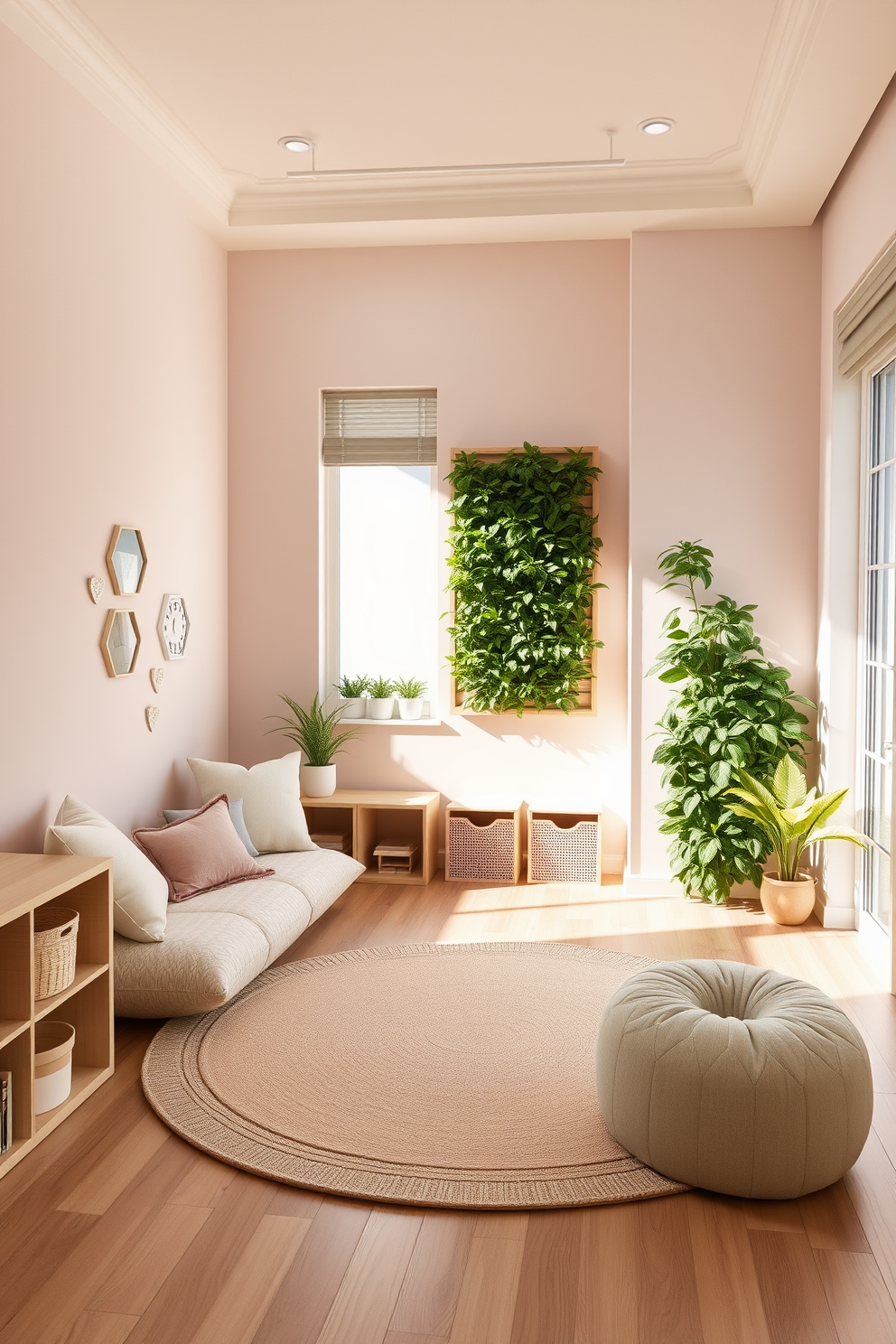 A sophisticated playroom setting with a small indoor garden. The space features a soft pastel color palette with a cozy reading nook filled with plush cushions and a low bookshelf. In one corner, a vertical garden wall adds a touch of greenery, while a circular play mat in the center invites playful activities. The room is illuminated by natural light streaming through large windows, enhancing the cheerful atmosphere.