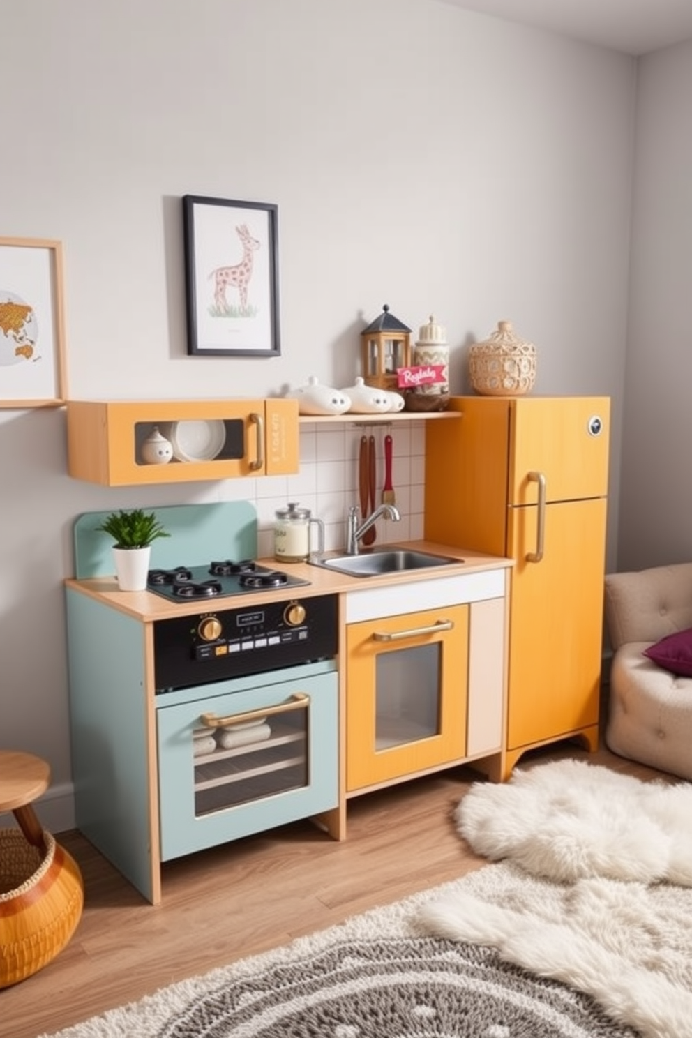 A stylish play kitchen designed for imaginative play features a wooden play kitchen set with a bright color palette. The kitchen includes a mini stove, sink, and refrigerator, all adorned with playful details like knobs and handles. The sophisticated playroom design incorporates soft, neutral tones with vibrant accents. Cozy seating areas with plush rugs and whimsical wall art create an inviting space for creativity and exploration.