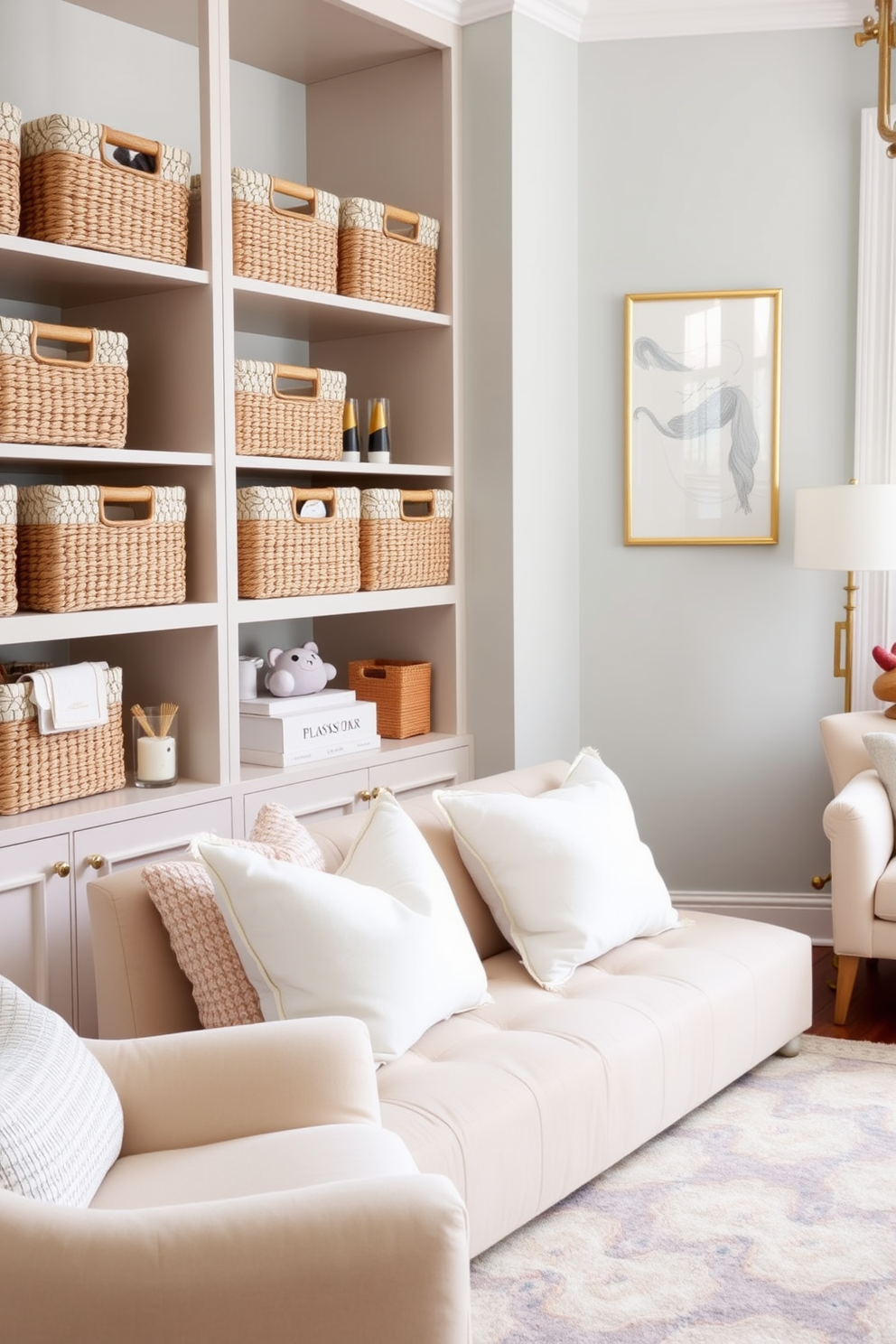 Decorative storage baskets in a sophisticated playroom create a harmonious blend of style and functionality. These baskets, crafted from natural fibers, are arranged neatly on shelves, adding warmth and texture to the space. The playroom features a chic color palette with soft pastels and playful accents. Plush seating and a stylish rug provide a cozy area for children to play, while elegant wall art enhances the overall aesthetic.