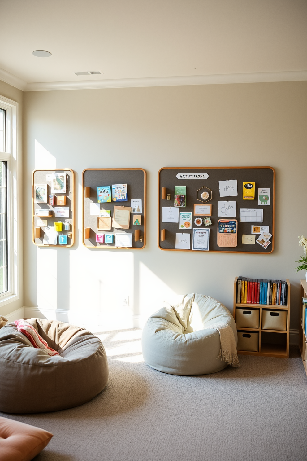 A sophisticated playroom design featuring wall-mounted activity boards for engagement. The walls are painted in a soft pastel color, creating a cheerful atmosphere, while the activity boards display various educational games and art supplies. Comfortable seating options, such as plush bean bags and a cozy reading nook, are strategically placed throughout the room. Natural light floods in through large windows, enhancing the inviting ambiance and encouraging creativity.