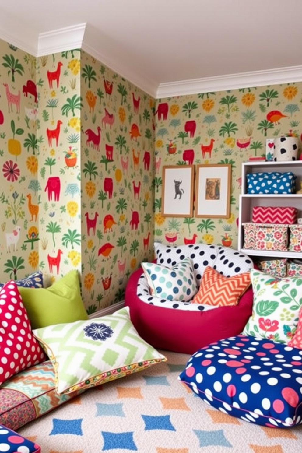 A vibrant playroom filled with playful patterns in textiles. The walls are adorned with colorful wallpaper featuring whimsical designs, while the furniture showcases a mix of bold fabrics in geometric and floral prints. A cozy reading nook is created with a plush beanbag chair covered in a fun polka dot pattern. Soft throw pillows in various shapes and sizes add a layer of comfort and visual interest to the space.