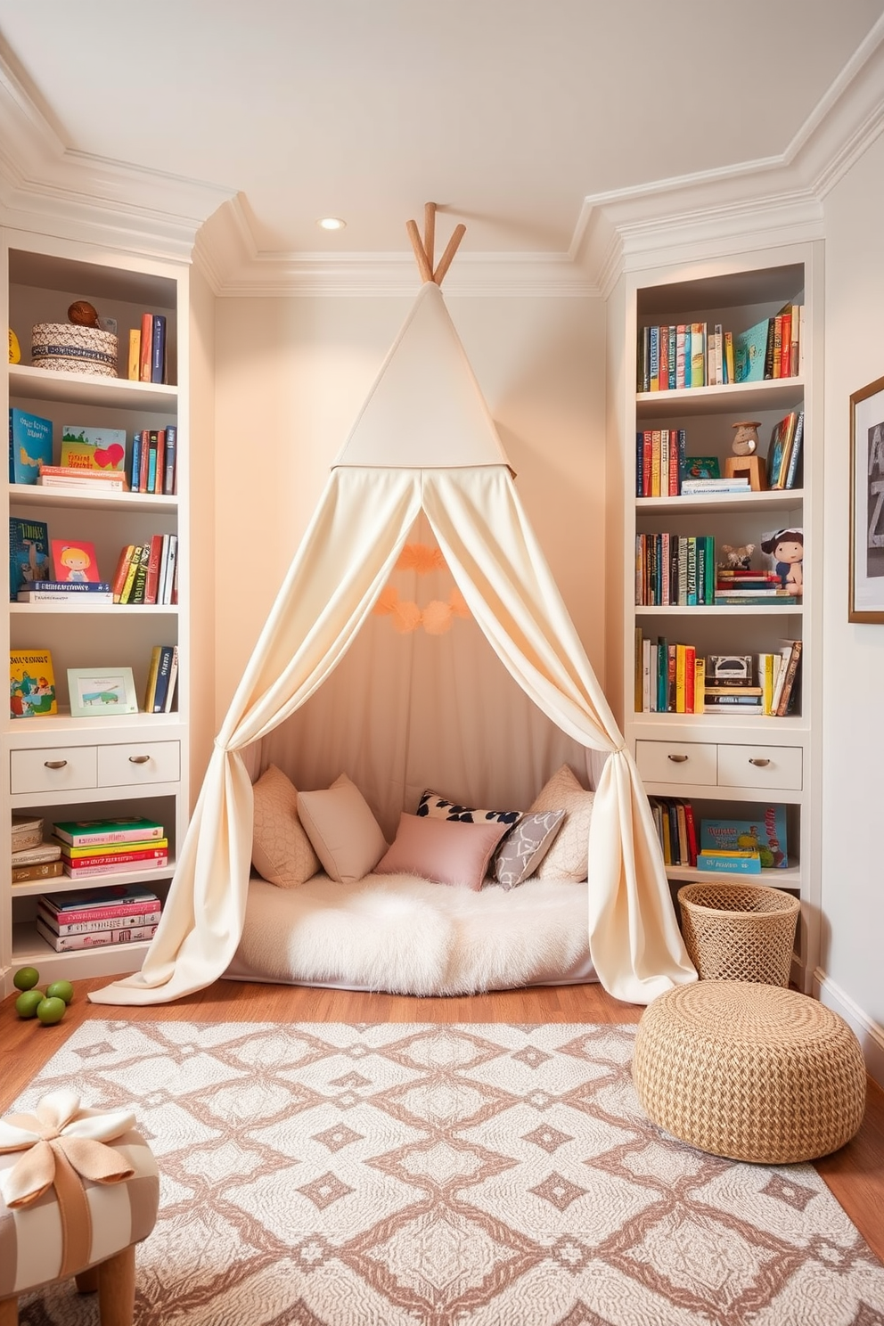 Create a sophisticated playroom design that features a cozy tent or playhouse in one corner. The tent is adorned with soft pastel colors and plush cushions, creating a warm and inviting space for children to relax and play. Surround the tent with carefully arranged bookshelves filled with colorful children's books and toys. The walls are painted in a soft cream color, complemented by a playful patterned rug that adds texture and warmth to the room.