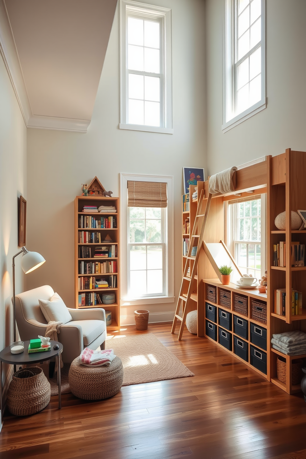 Designate a quiet corner for relaxation. A plush armchair is positioned next to a tall bookshelf filled with an array of books and decorative items. Soft lighting from a nearby floor lamp creates a warm ambiance, while a small side table holds a cup of tea and a cozy blanket. The walls are painted in a calming pastel hue, and a woven rug adds texture to the hardwood floor. Sophisticated playroom design ideas. A custom-built play structure occupies one corner, featuring slides and climbing elements made from natural wood. The space is adorned with vibrant artwork and plush seating areas for lounging, while storage bins keep toys organized and easily accessible. Large windows allow plenty of natural light to flood the room, enhancing the playful yet elegant atmosphere.