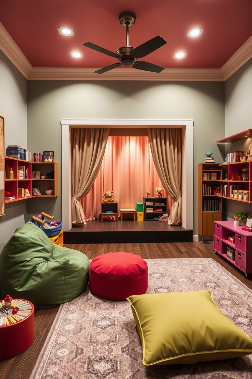 A sophisticated playroom design featuring a small stage for performances. The room is filled with vibrant colors and playful furniture, including bean bags and a cozy reading nook. The stage is adorned with soft lighting and curtains, creating an inviting atmosphere for children's performances. Wall-mounted shelves display toys and books, while a large rug adds comfort to the space.