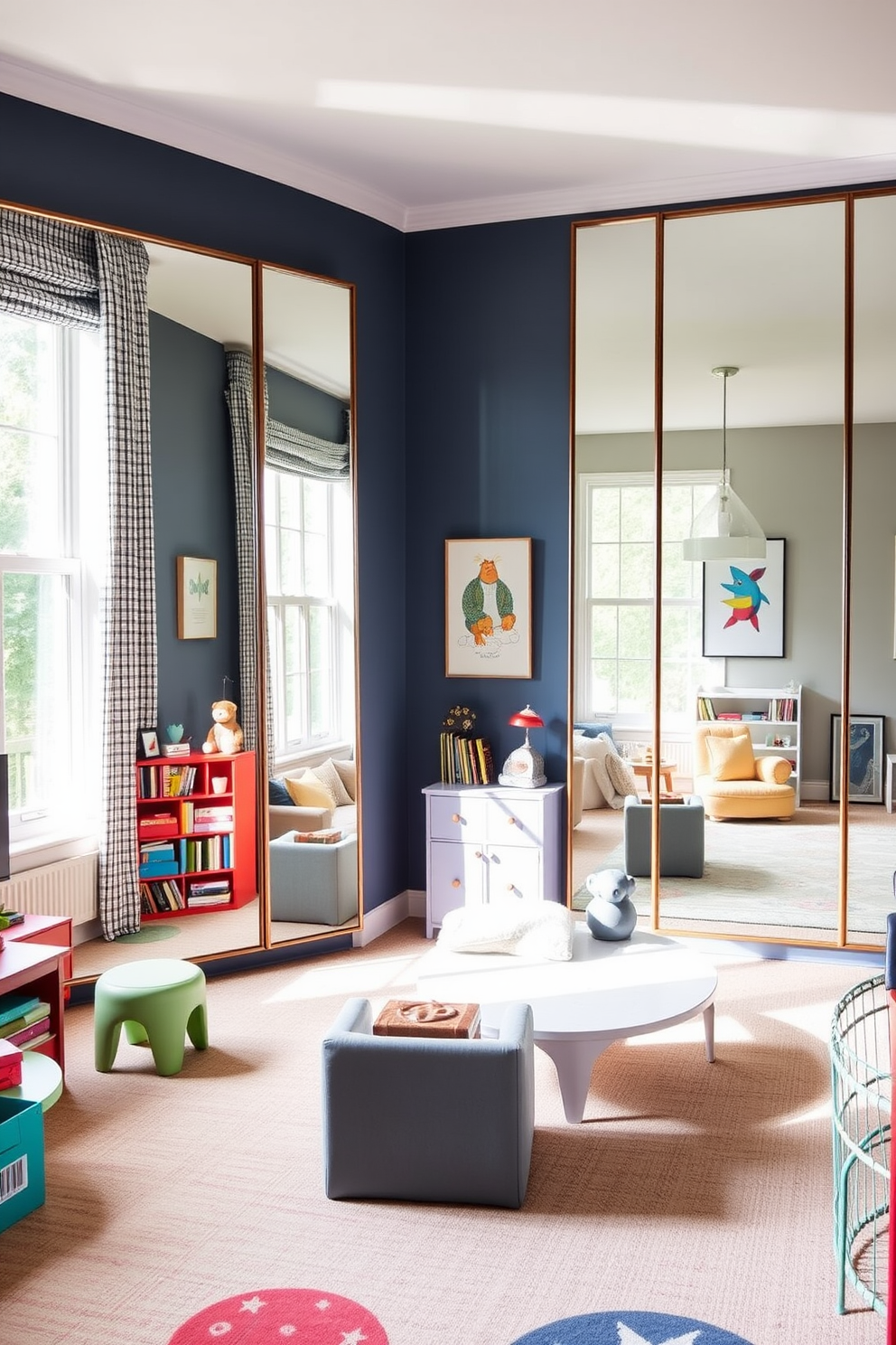 A sophisticated playroom design featuring large mirrors on opposite walls to enhance the sense of space and depth. The room is filled with vibrant colors, playful furniture, and soft rugs to create an inviting atmosphere for children. The mirrors reflect the playful elements of the room, including a whimsical bookshelf and a cozy reading nook. A large window allows natural light to flood in, further brightening the space and making it feel open and airy.