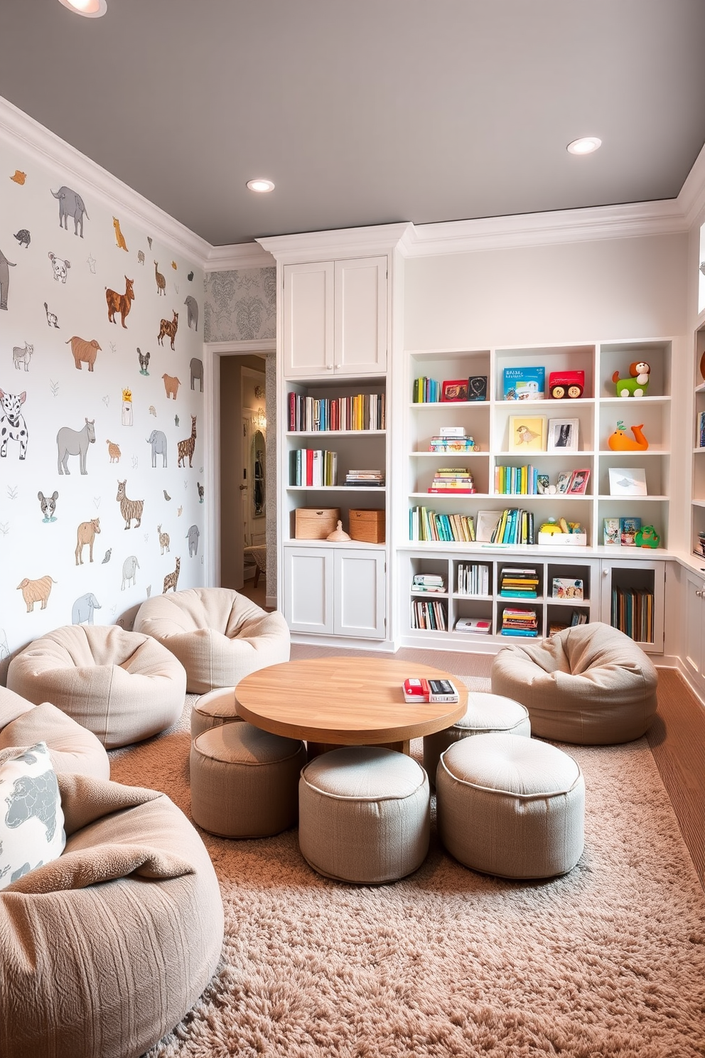 A sophisticated playroom design featuring soft textures for comfort. The room includes a plush area rug in muted pastels, with oversized bean bags scattered around for seating. One wall is adorned with playful wallpaper depicting whimsical animals, while the opposite wall features built-in shelves filled with colorful books and toys. A low wooden table surrounded by cushioned stools invites creativity and play.