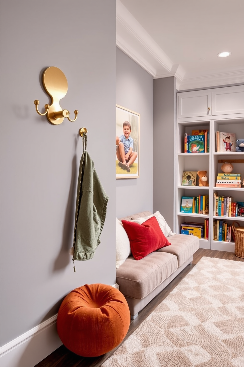 Stylish wall hooks for easy access. The hooks are made of brushed brass and are mounted on a soft gray wall, providing both functionality and elegance. Sophisticated playroom design ideas. The playroom features a cozy reading nook with plush cushions, a large area rug, and built-in shelves filled with colorful books and toys.