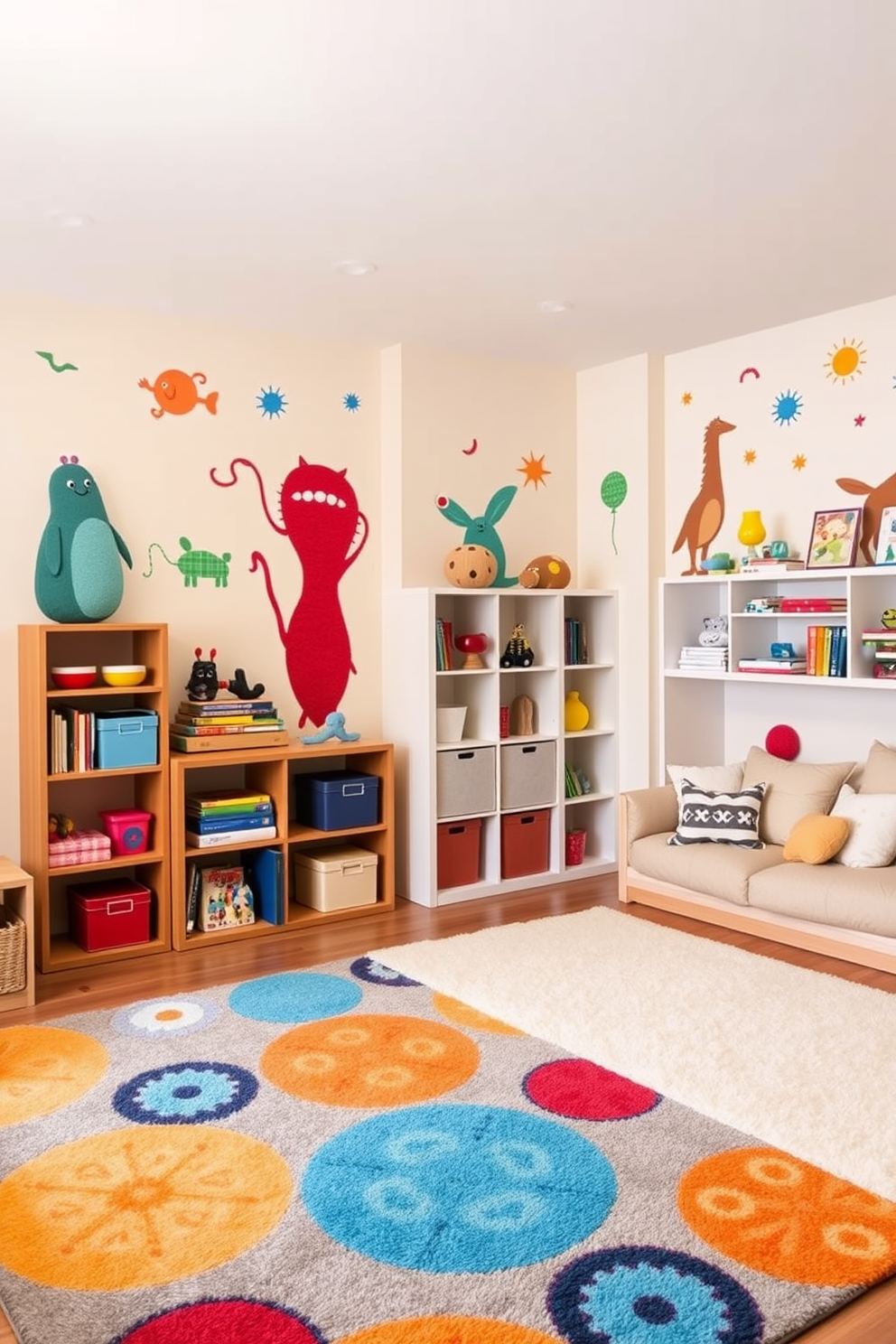 Artistic wall decals in vibrant colors adorn the walls of a spacious playroom, creating a whimsical and imaginative atmosphere. A large, soft area rug in playful patterns covers the floor, providing a comfortable space for children to play. The playroom features a stylish combination of modern furniture and playful elements, including a sleek bookshelf filled with colorful toys and books. A cozy reading nook with oversized cushions invites children to dive into their favorite stories.