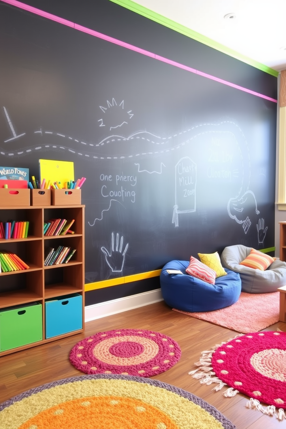 A playful and interactive chalkboard wall stretches across one side of the playroom, inviting children to unleash their creativity. The wall is framed with colorful trim, and a variety of chalk and chalk markers are easily accessible in decorative containers. The playroom features a cozy reading nook with plush bean bags and a small bookshelf filled with vibrant children's books. Soft, playful rugs in bright colors cover the floor, creating a warm and inviting space for imaginative play.