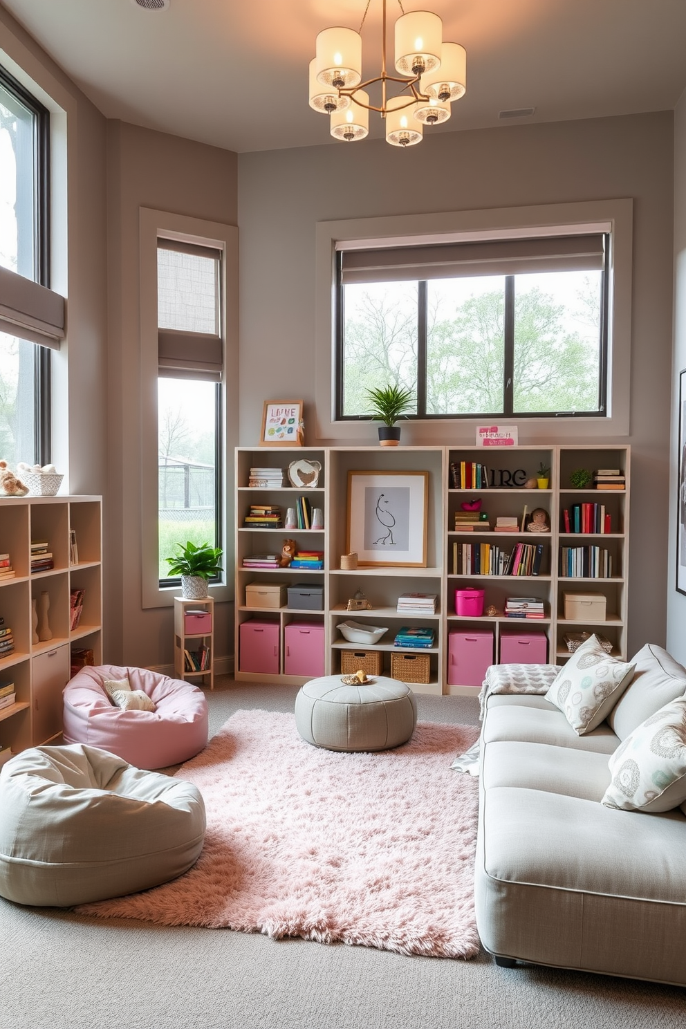 A sophisticated playroom design featuring soft lighting with decorative fixtures. The space includes a plush area rug in soft pastel colors, surrounded by stylish shelving units filled with toys and books. Comfortable seating options like bean bags and a low-profile sofa create an inviting atmosphere. The walls are adorned with playful artwork, and large windows allow natural light to filter in, enhancing the cozy feel of the room.