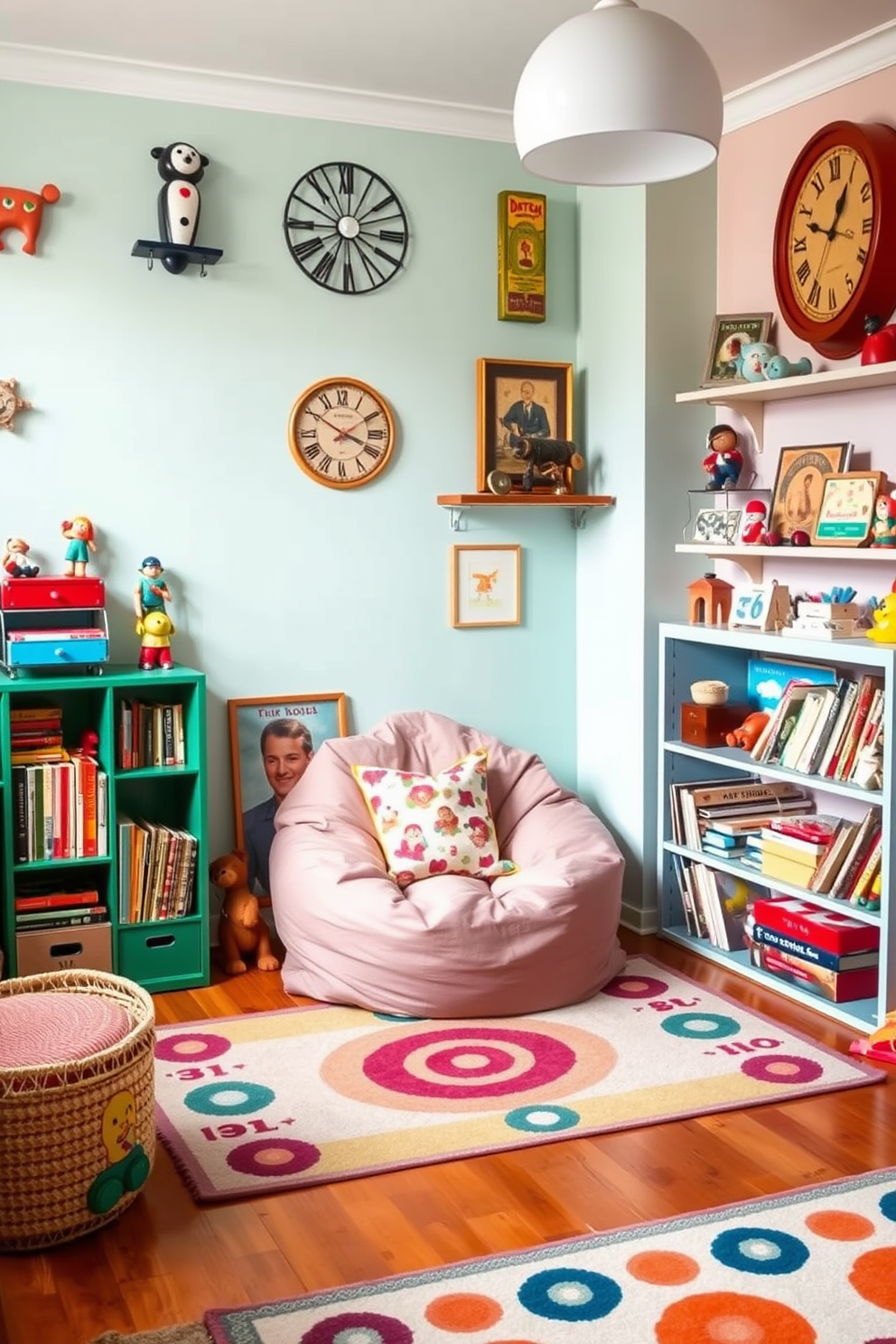 A playful and inviting playroom filled with vintage toys artfully displayed as decor pieces. The walls are painted in soft pastel colors, creating a cheerful atmosphere that encourages creativity and play. A cozy reading nook features a comfortable bean bag chair surrounded by shelves filled with classic children's books and charming vintage toys. The flooring is a warm hardwood, complemented by a colorful area rug that adds a touch of whimsy to the space.