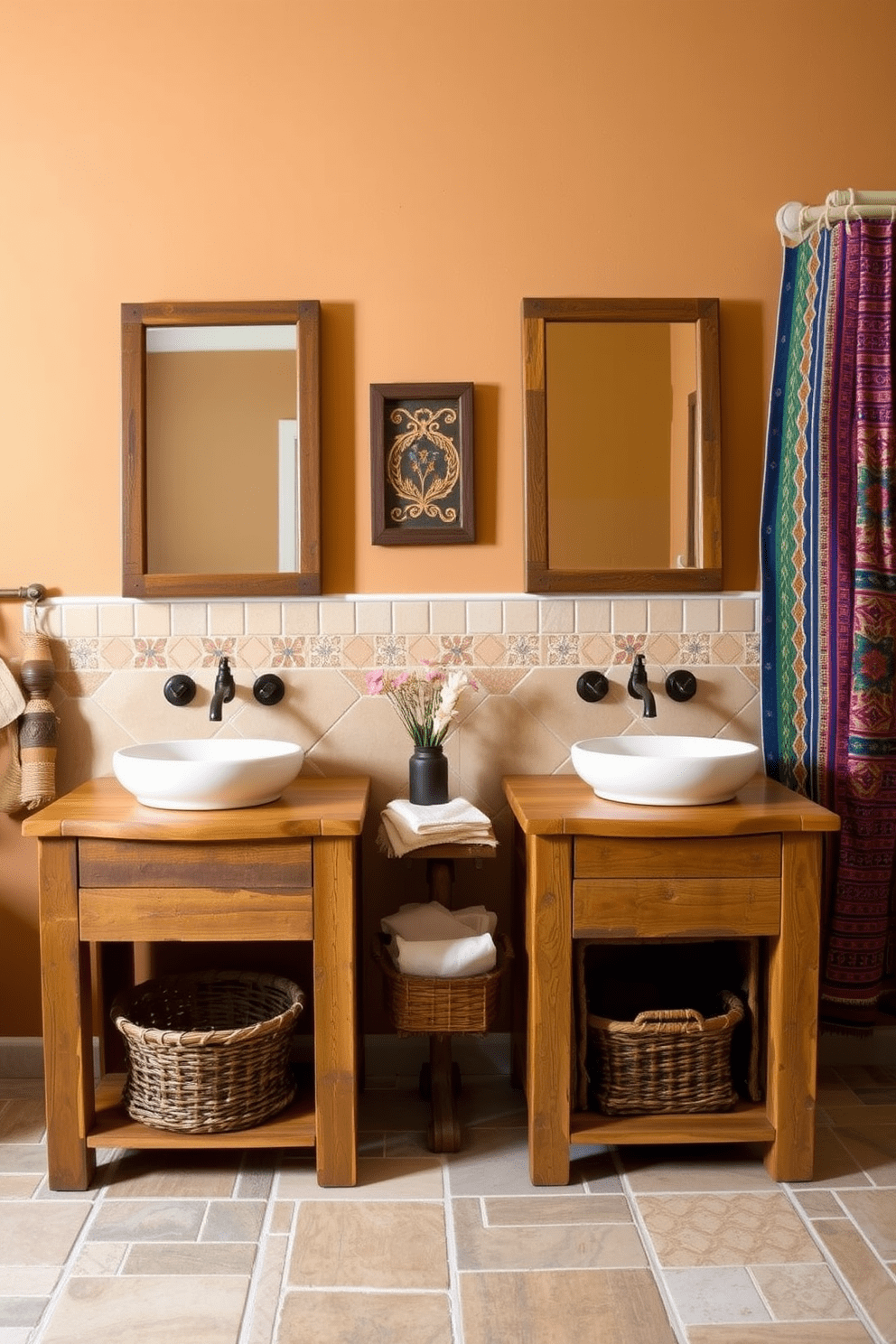 A rustic bathroom setting featuring wooden vanities crafted from reclaimed wood with natural finishes. The vanities are adorned with artisan ceramic sinks and complemented by woven baskets for storage. The walls are painted in warm earth tones, creating a cozy atmosphere. Decorative elements include handmade tiles and vibrant textiles that reflect Southwestern culture.