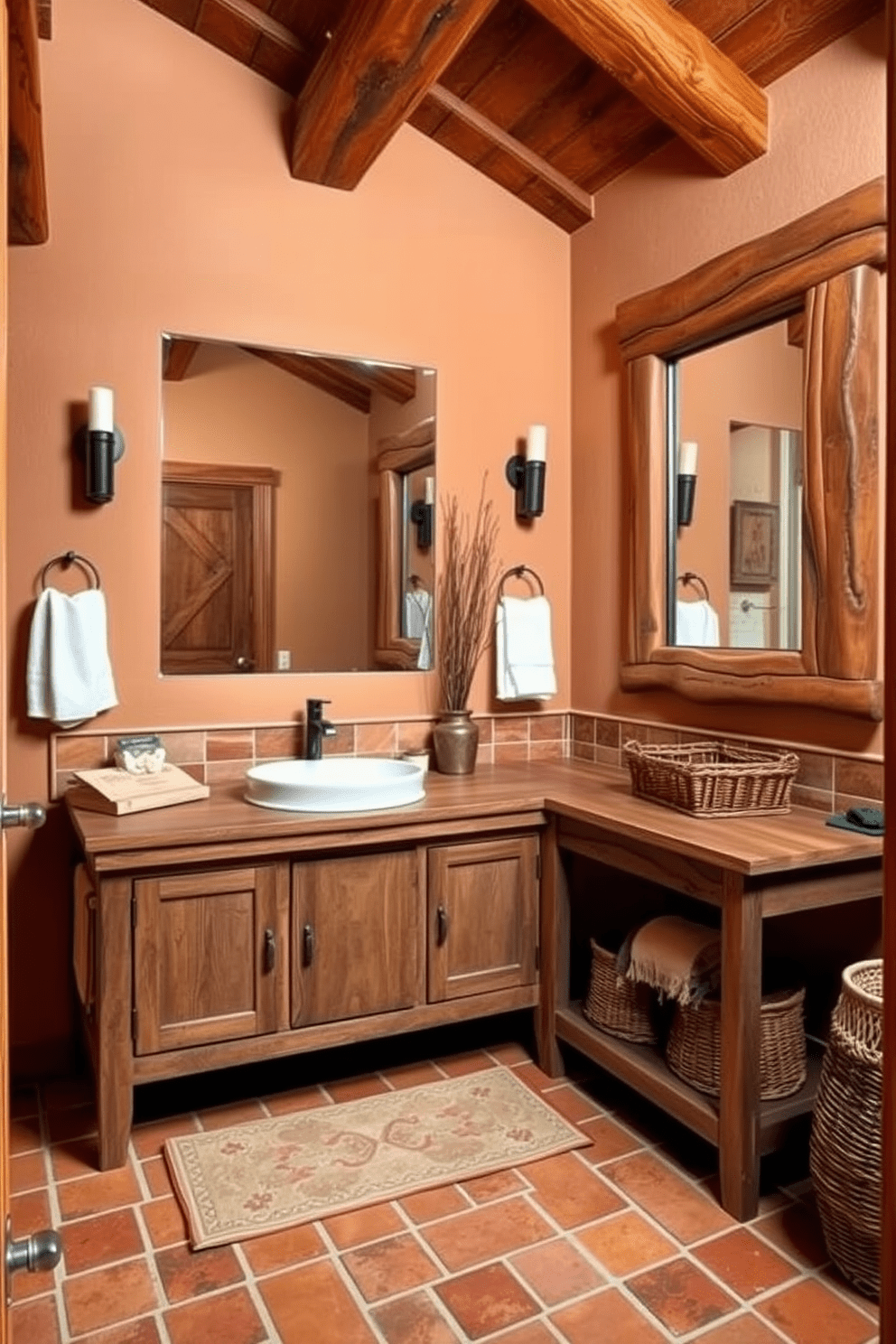 A warm and inviting Southwestern bathroom features leather and suede accents throughout the space. The walls are adorned with earthy tones, complemented by rustic wooden beams overhead and terracotta tiles underfoot. A spacious wooden vanity with a weathered finish showcases a deep sink, while leather-wrapped handles add a touch of elegance. Decorative elements include woven baskets and a large mirror framed in natural wood, enhancing the cozy atmosphere.