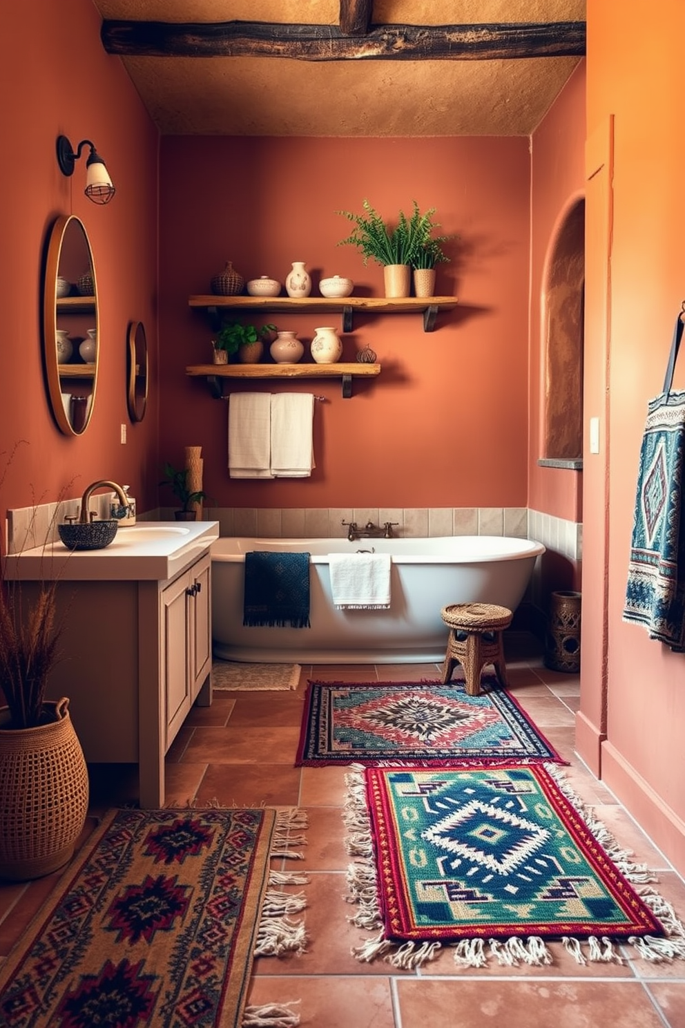 A Southwestern bathroom features a warm color palette with earthy tones and natural materials. The floor is adorned with Native American textile-inspired rugs, adding texture and cultural richness to the space. The walls are painted in soft terracotta, creating a cozy atmosphere. Accent pieces include wooden shelves displaying decorative pottery and plants that enhance the rustic charm.