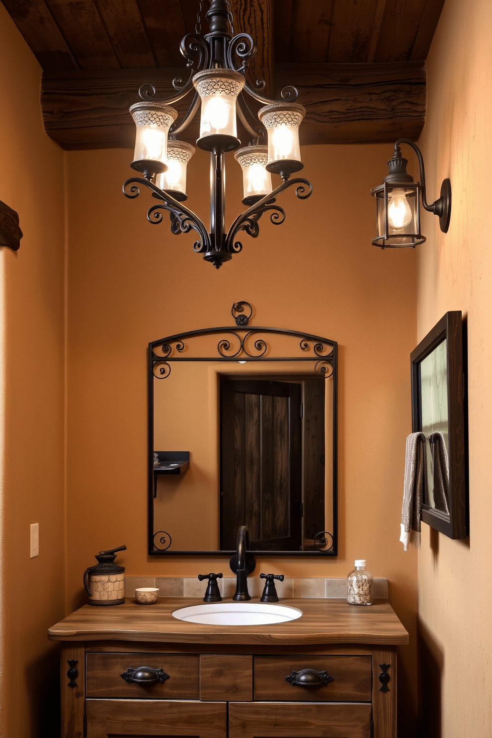 A rustic bathroom setting featuring lighting fixtures with intricate iron details. The space is adorned with warm earth tones and natural materials, creating a cozy and inviting atmosphere. The walls are finished with textured adobe plaster, complementing the wooden beams overhead. A handcrafted wooden vanity with a distressed finish sits beneath a large mirror framed in wrought iron.