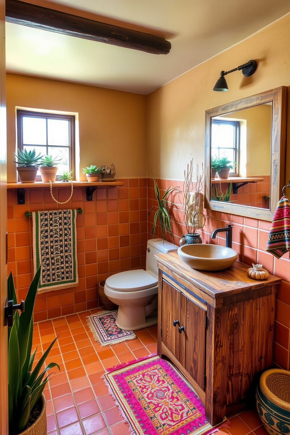 A warm and inviting Southwestern bathroom featuring terracotta tiles and adobe-style walls. Succulent plants are strategically placed on shelves and the windowsill, adding a touch of natural decor. The vanity is crafted from reclaimed wood with a rustic finish, topped with a natural stone sink. Colorful woven textiles and pottery accents enhance the Southwestern aesthetic while complementing the greenery.