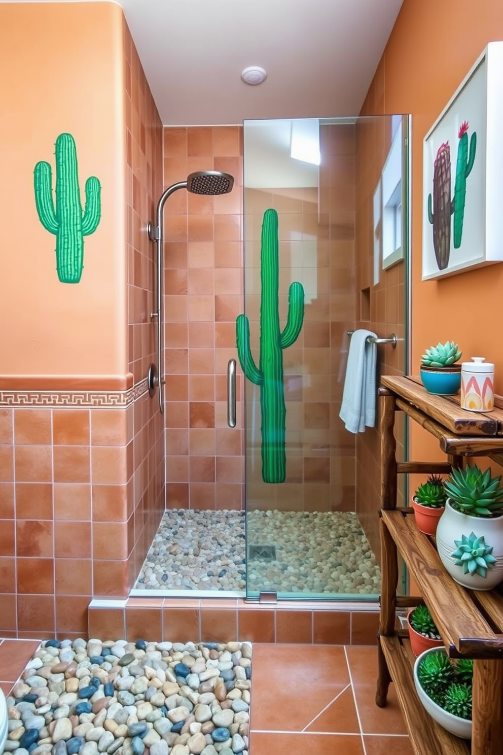 Cactus-themed artwork adorns the walls, bringing a vibrant touch to the space. The color palette features warm earth tones, complemented by terracotta tiles and natural wood accents. A spacious shower area showcases a pebble stone floor and a glass enclosure, enhancing the open feel of the bathroom. Rustic shelving displays potted succulents and decorative bath accessories, creating a cohesive Southwestern aesthetic.