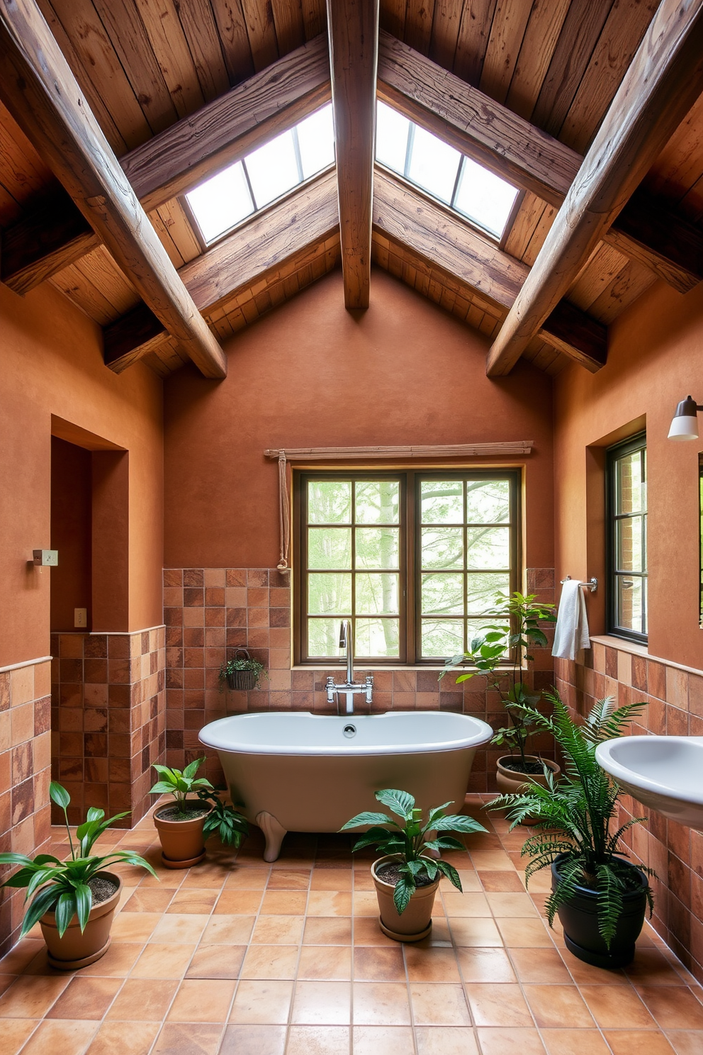 A cozy bathroom featuring wooden beams across the ceiling. The walls are adorned with warm earth tones and rustic tiles, creating a welcoming atmosphere. A freestanding bathtub sits in the center, surrounded by potted plants that add a touch of nature. A large window allows natural light to flood the space, enhancing the earthy color palette.