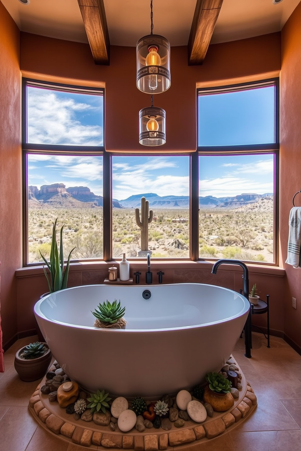 A stunning Southwestern bathroom featuring a freestanding soaking tub positioned near a large window that offers breathtaking views of the surrounding desert landscape. The walls are adorned with warm earthy tones, complemented by natural stone accents and handcrafted wooden details. The tub is surrounded by potted succulents and decorative stones, creating a serene oasis. Rustic light fixtures hang above, casting a soft glow that enhances the tranquil atmosphere.