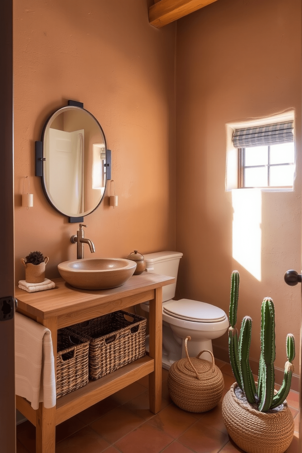 A serene southwestern bathroom featuring adobe-style plaster walls that provide a warm and textured backdrop. The space includes a rustic wooden vanity topped with a natural stone sink, complemented by woven baskets for storage. Natural light floods the room through a small window adorned with sheer curtains. Earthy tones dominate the decor, with terracotta tiles underfoot and vibrant cacti arranged in decorative pots.