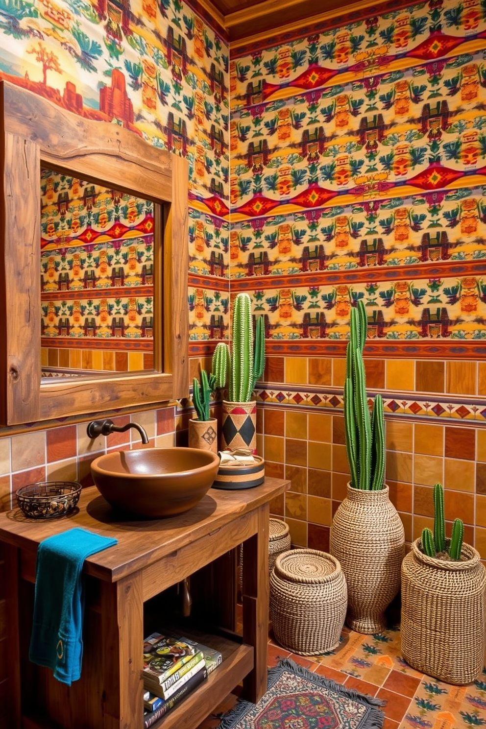 A vibrant southwestern-themed bathroom featuring bold patterned wallpaper that showcases desert landscapes and native motifs. The space includes a rustic wooden vanity with a clay sink and a large mirror framed in weathered wood. The walls are adorned with colorful tiles that reflect the warm tones of the southwest. Accent pieces like woven baskets and cacti plants bring an earthy feel to the overall design.