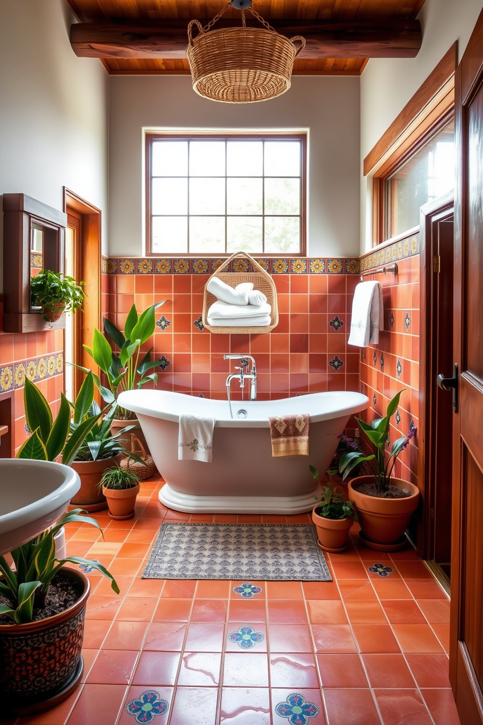 A vibrant southwestern bathroom featuring terracotta tile flooring that adds warmth and character to the space. The walls are adorned with colorful patterned tiles, and rustic wooden accents complement the overall design. A freestanding bathtub sits in the center, surrounded by potted plants that enhance the earthy ambiance. Above the tub, a woven basket holds plush towels, and a large window allows natural light to flood the room.