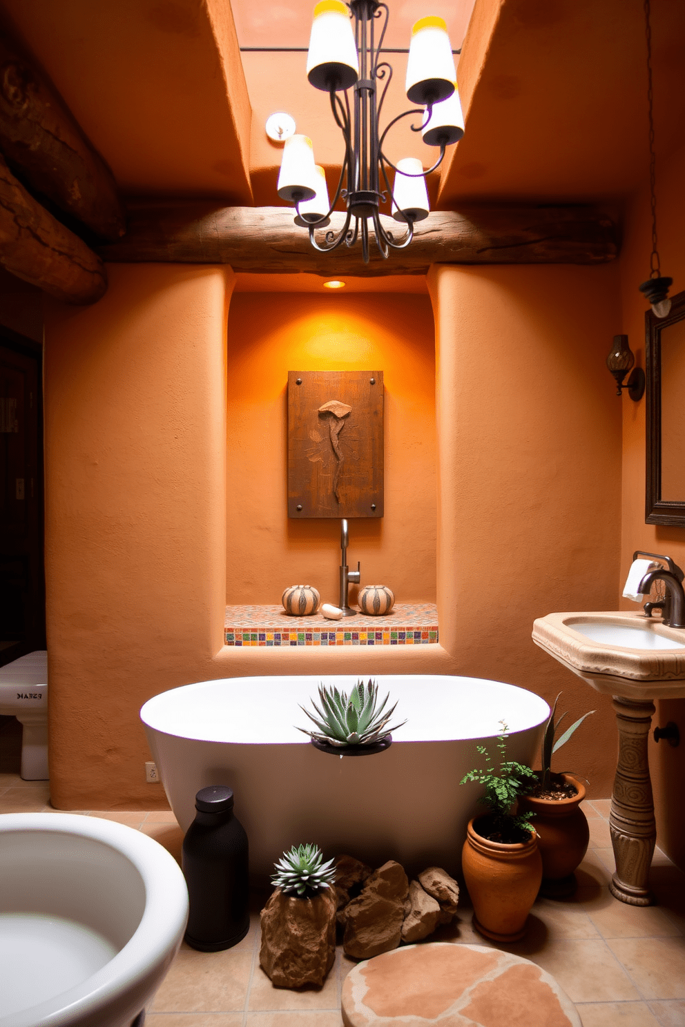 A Southwestern bathroom design featuring warm lighting that creates a welcoming atmosphere. The space includes adobe-style walls with earthy tones and rustic wooden accents, complemented by colorful Mexican tiles around the bathtub and sink. A freestanding bathtub sits in the center, surrounded by potted succulents and natural stone elements. The lighting fixtures are wrought iron, casting a soft glow that enhances the warm, inviting feel of the room.