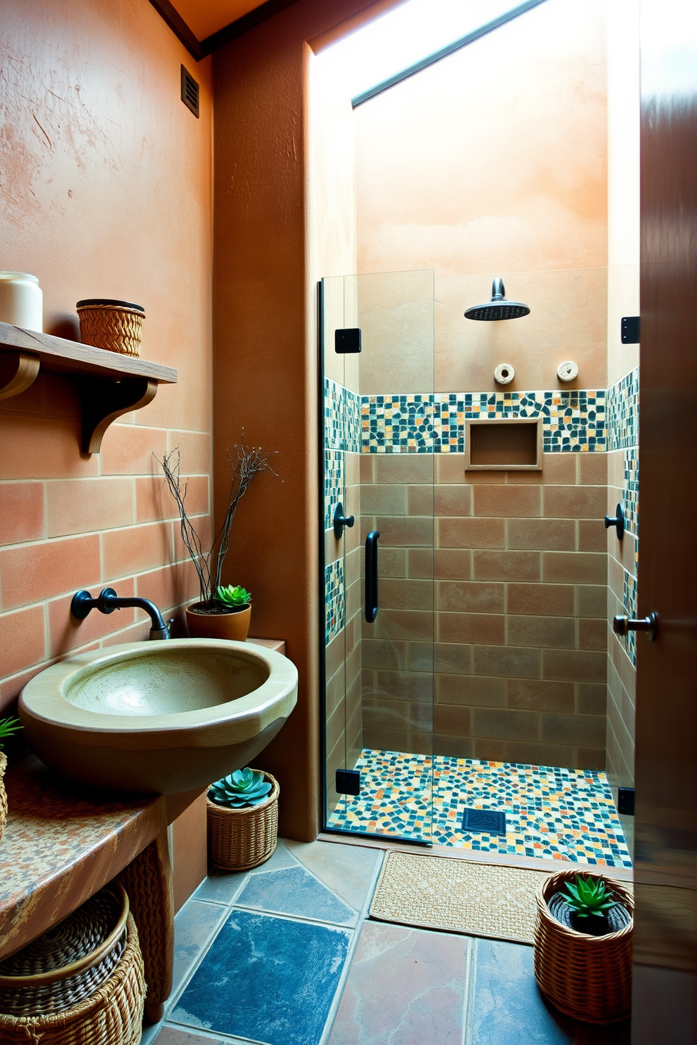 A rustic bathroom featuring natural stone sinks that add a touch of earthy elegance. The walls are adorned with warm terracotta tiles and accentuated by handcrafted wooden shelves. A spacious shower area is enclosed with glass, showcasing beautiful mosaic tiles that reflect the Southwestern spirit. Decorative elements include woven baskets and potted succulents that enhance the organic feel of the space.