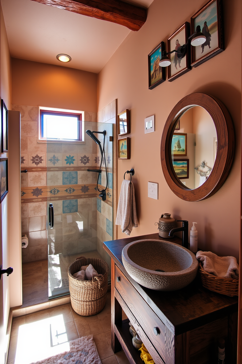 A charming bathroom adorned with framed vintage southwestern prints on the walls. The space features a rustic wooden vanity with a textured stone sink and a large round mirror framed in distressed wood. The shower area is enclosed with glass and showcases colorful tile designs inspired by southwestern motifs. Natural light floods the room through a small window, highlighting the warm earth tones of the decor and a woven basket filled with plush towels.