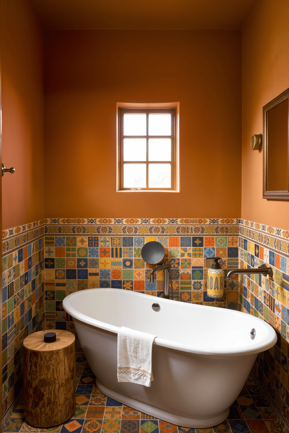 A vibrant Southwestern bathroom featuring colorful ceramic tiles surrounding a freestanding tub. The walls are adorned with warm earth tones, and natural wood accents complement the lively tilework.