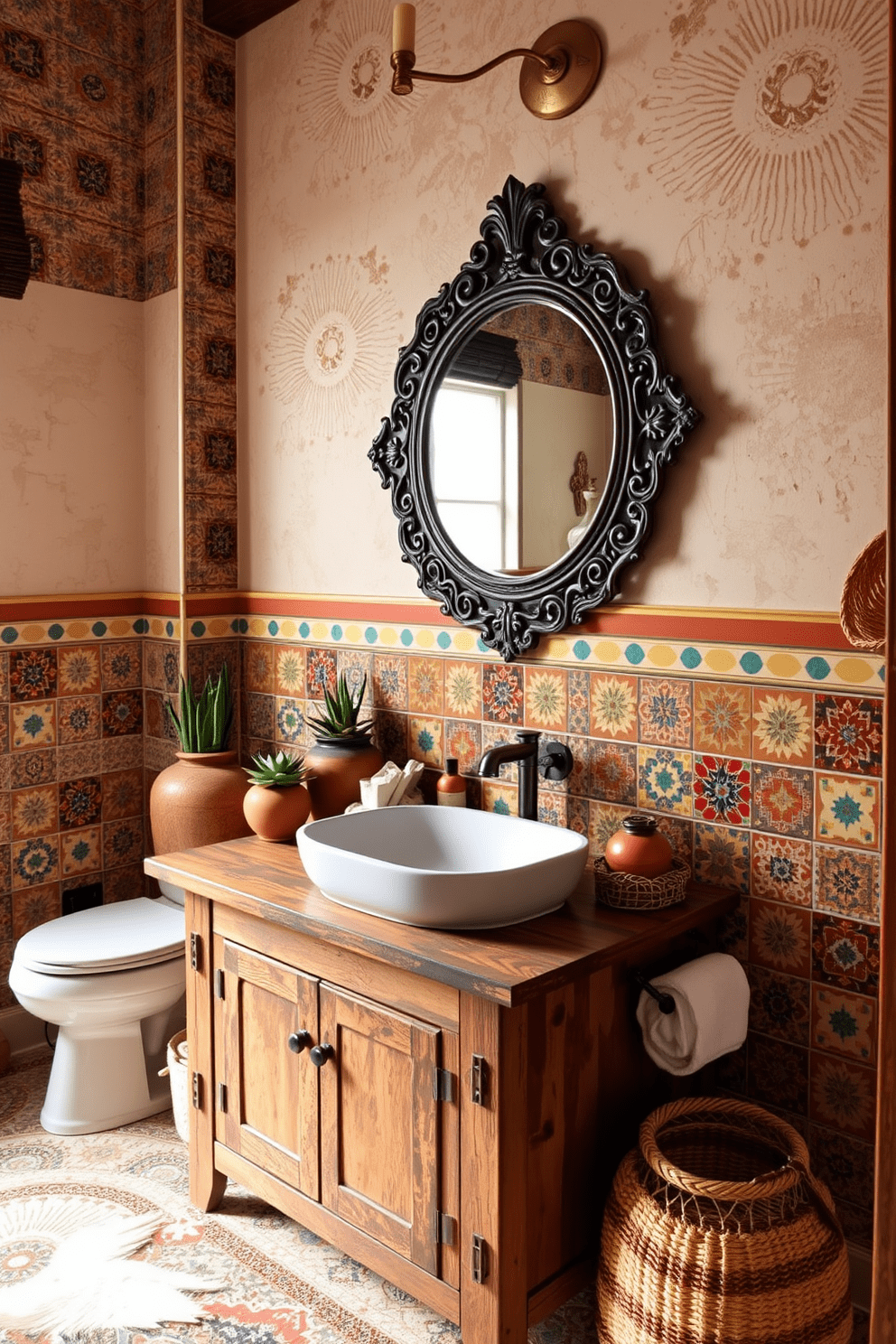 A vibrant Southwestern bathroom design featuring an eclectic mix of vintage and modern decor. The walls are adorned with colorful patterned tiles, while a rustic wooden vanity with a distressed finish holds a sleek modern sink. Above the vanity, a large round mirror with an ornate vintage frame reflects the unique decor. Accents of terracotta pots with succulents and woven baskets add warmth and texture to the space.