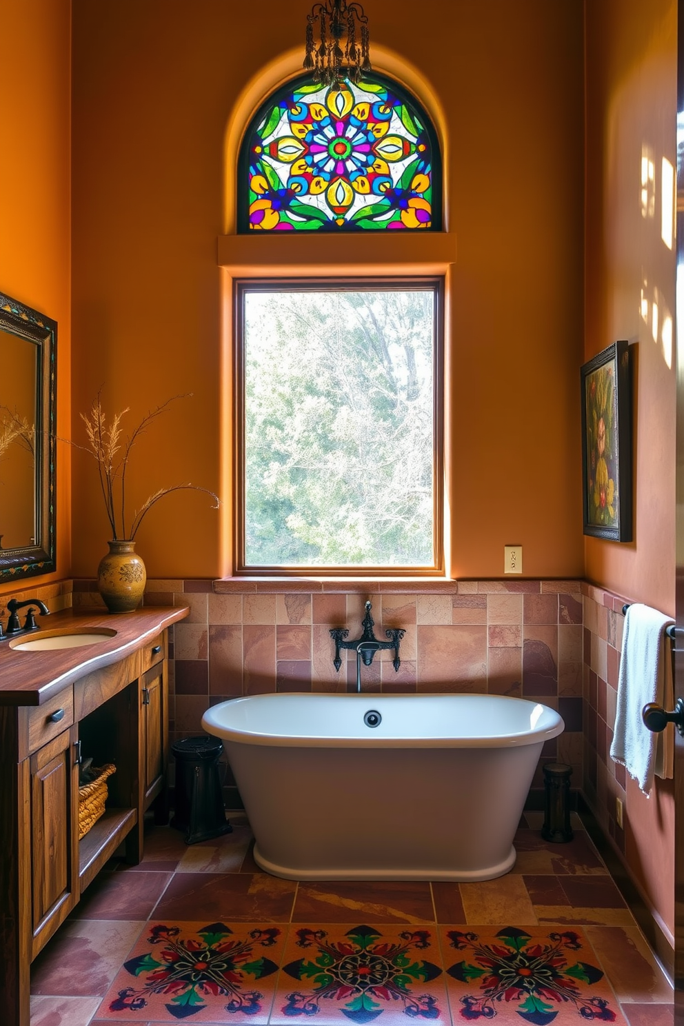 A vibrant southwestern bathroom features stained glass accents that cast colorful light across the space. The walls are adorned with warm earth tones, and a rustic wooden vanity complements the lively atmosphere. A freestanding bathtub sits beneath a large window, framed by intricate stained glass, allowing natural light to filter through. Decorative tiles in bold patterns enhance the southwestern aesthetic, creating a harmonious blend of color and texture.