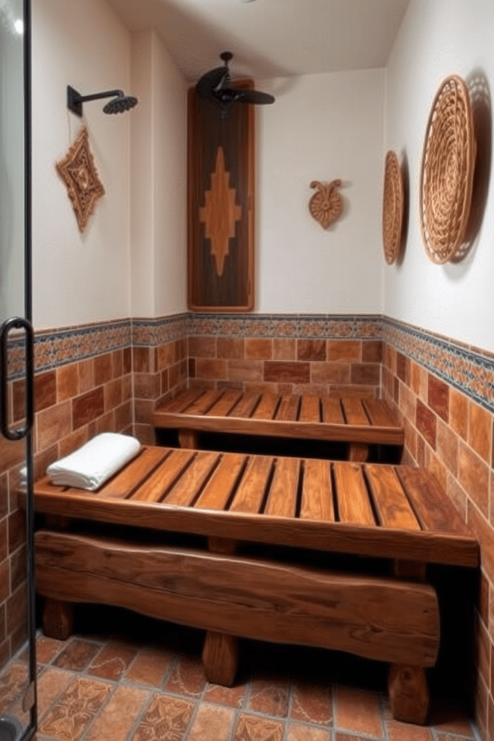 A Southwestern bathroom featuring wooden shower benches that blend functionality with rustic charm. The walls are adorned with vibrant tiles in earthy tones, and the space includes decorative elements like woven baskets and southwestern artwork.